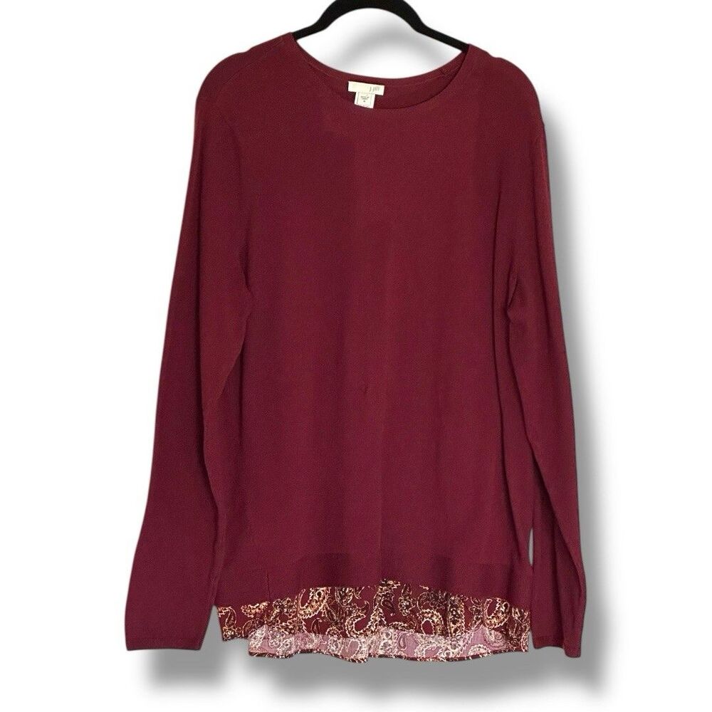 J Jill Burgundy Mixed Media Knit Satin Sweater Lagenlook Medium